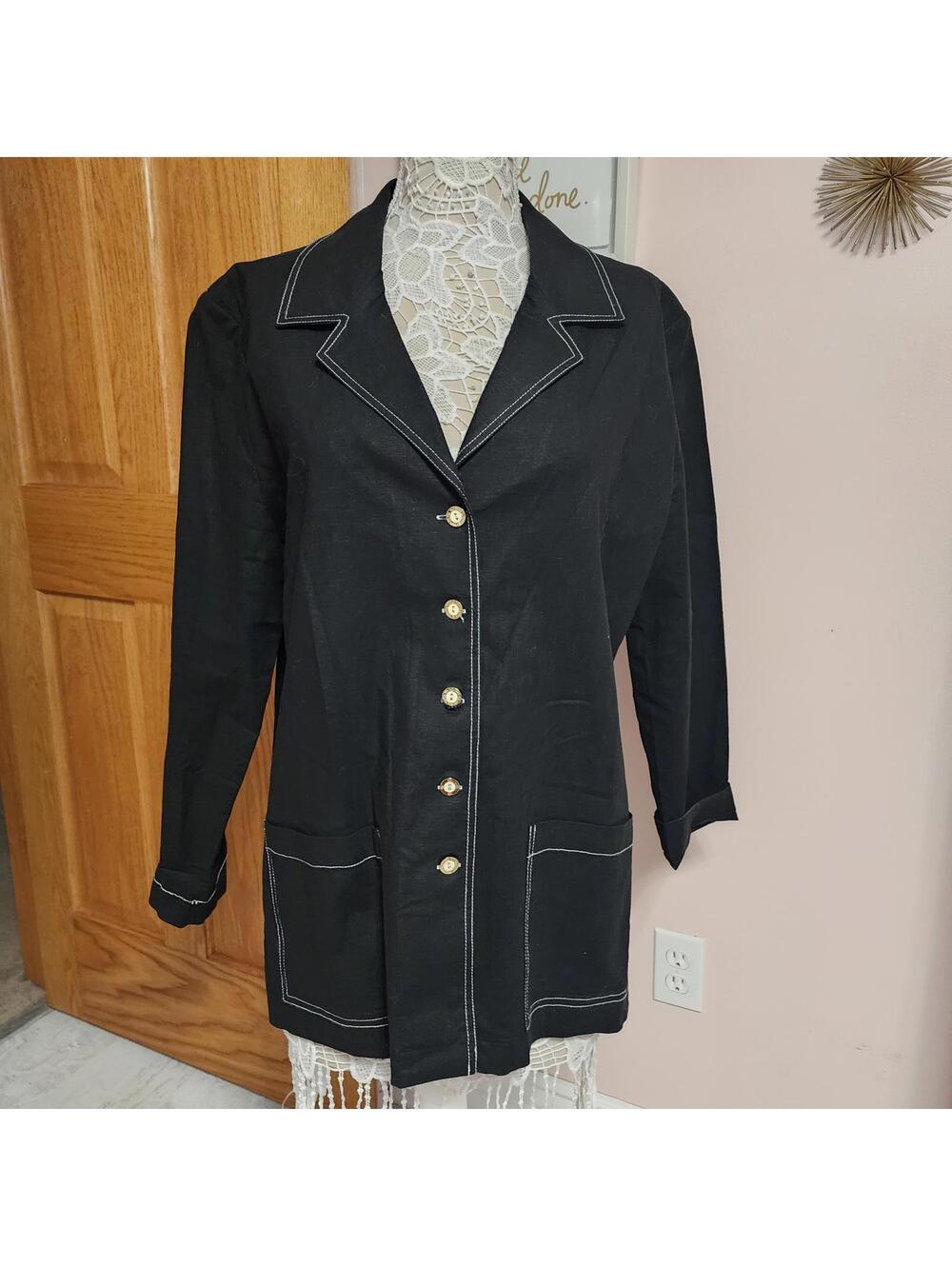 St. John Sport Black Linen Blend Blazer Jacket Contrast Stitching Size L